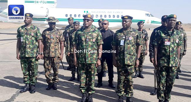 Chief of Army Staff Lt. Gen Taoreed Lagbaja, Chief of Air Staff Air Marshall Hassan Abubakar and Chief of Naval Staff Vice Admiral Emmanuel Ogalla