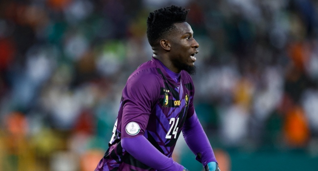 Cameroon's goalkeeper #24 Andre Onana reacts during the Africa Cup of Nations (CAN) 2024 group C football match between Senegal and Cameroon at the Stade Charles Konan Banny in Yamoussoukro on January 19, 2024. 