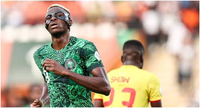 Nigeria's forward #9 Victor Osimhen looks on during the Africa Cup of Nations (CAN) 2024 quarter-final football match between Nigeria and Angola at the Felix Houphouet-Boigny Stadium in Abidjan on February 2, 2024.