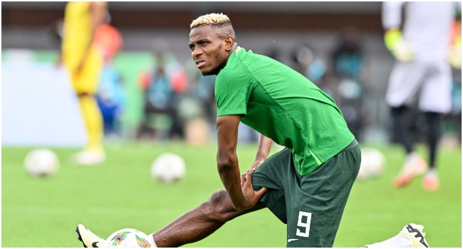 Nigeria's forward #9 Victor Osimhen gestures during a training session ahead of the Africa Cup of Nations (CAN) 2024 quarter-final football match between Nigeria and Angola at the Felix Houphouet-Boigny Stadium in Abidjan on February 2, 2024.